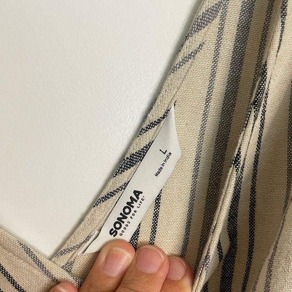 NWT Sonoma Linen Blend Jumpsuit- Light Tan with Gray/Blue Vertical Stripes, Sz L - Picture 5 of 13